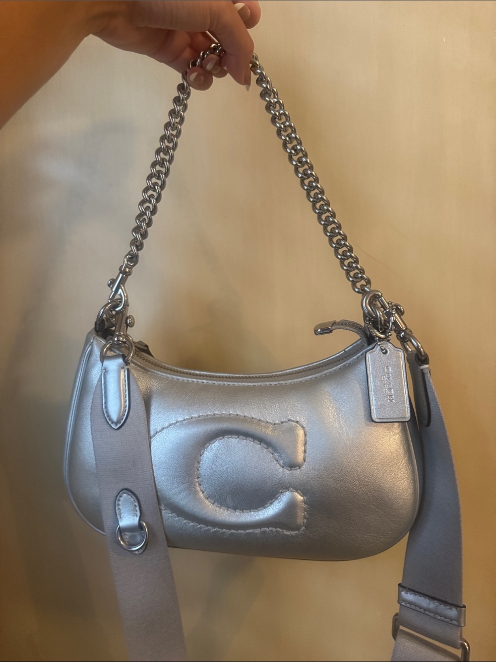 Coach Silver Metallic Leather Shoulder Bag